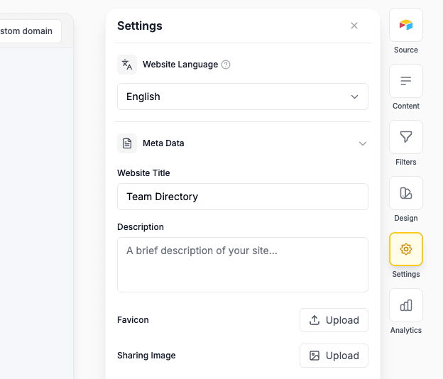 Website metadata settings